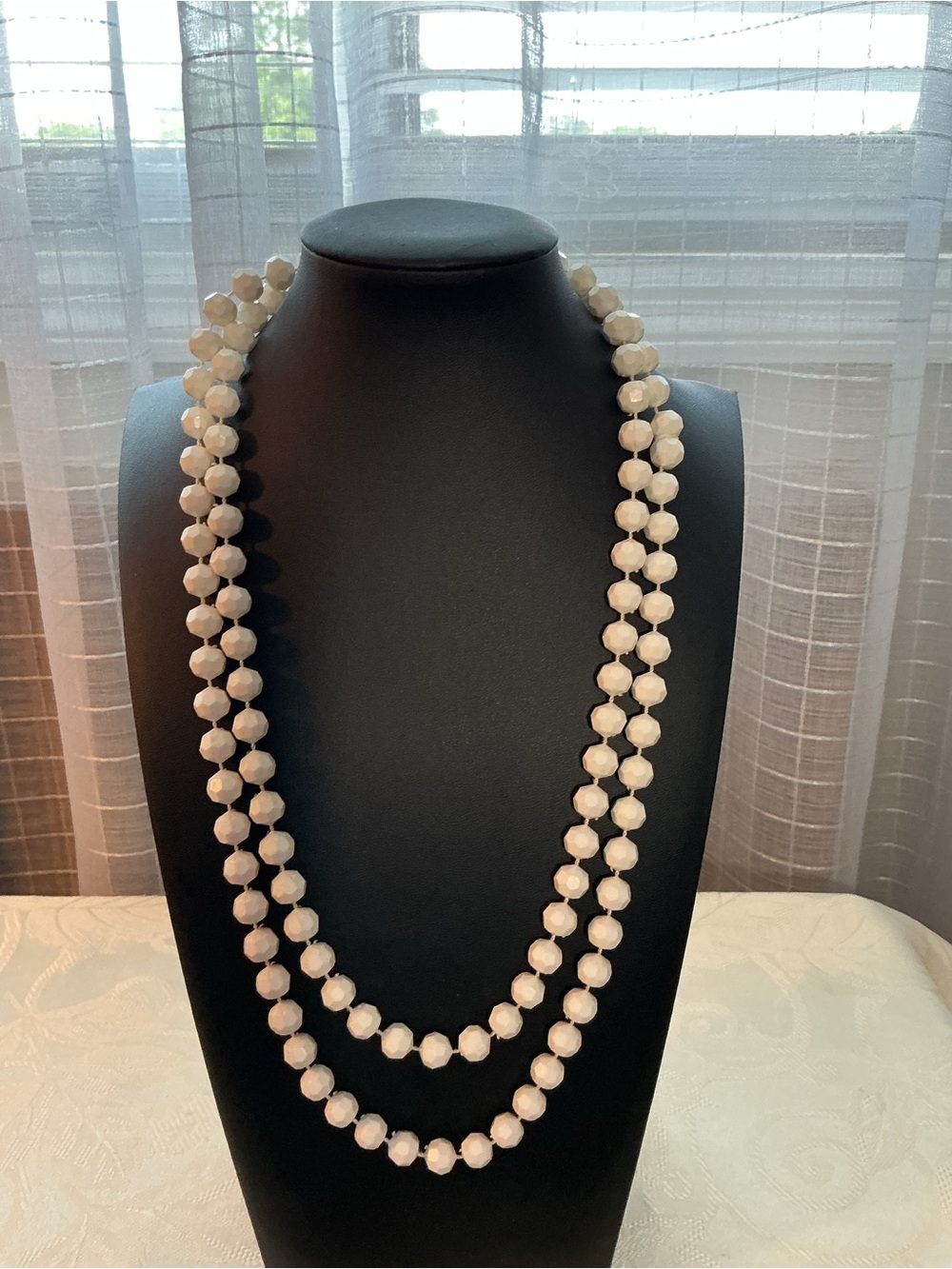 White Long Faceted Acrylic Bead Opera Length Necklace